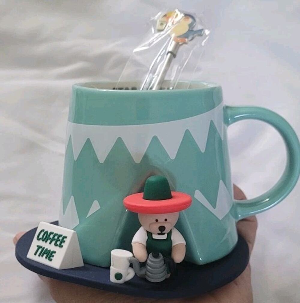 Starbucks Summer Tent Bear Coffee Mug Set Camping Coaster Stirring Stick